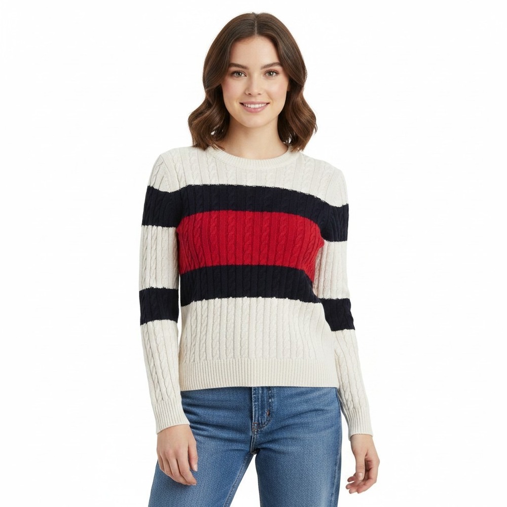 Tommy Hilfiger‎ Cable Knit Sweater Small Cotton Red Navy Cream Stripe Preppy